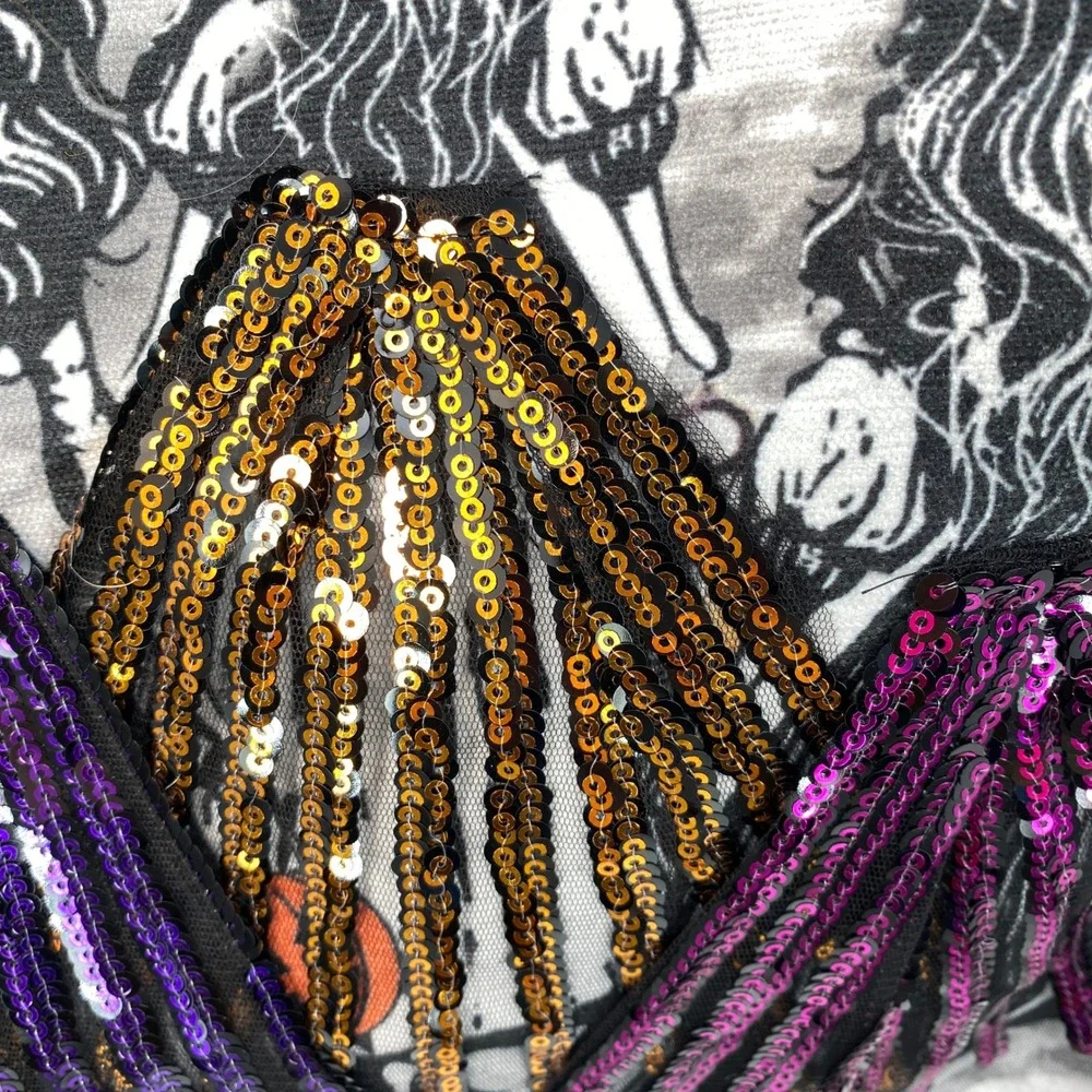 Rachel Zoe Table Runner Halloween 16x72 Gray Witches Sequins Pumpkins Bats Owl